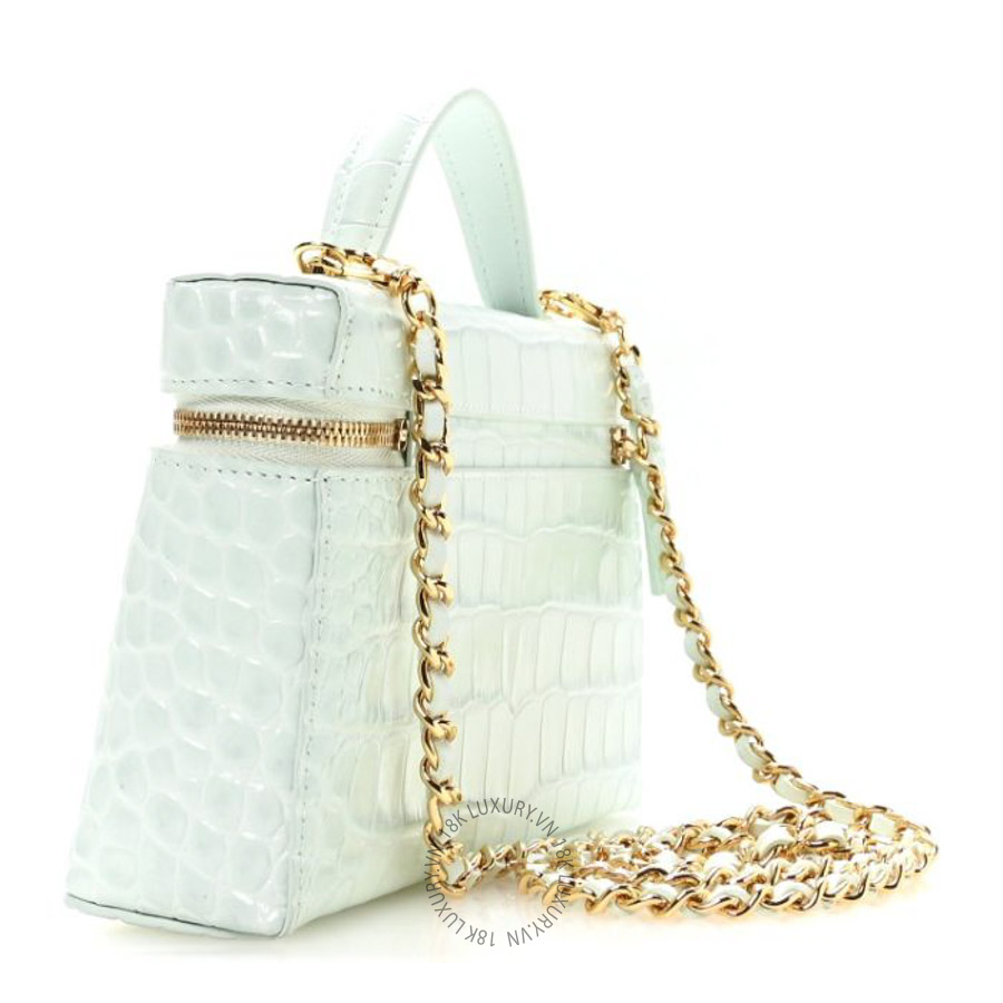 Túi xách đeo chéo Chanel Calfskin Crocodile Embossed Crococo Top Handle Slim Vanity Case With Chain Light Blue FPTC432
