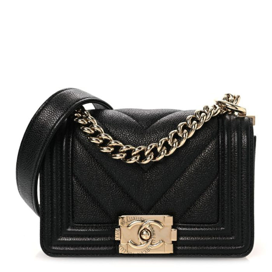 Túi Xách Đeo Chéo Chanel Caviar Chevron Quilted Mini Boy Flap Black Black CVB792