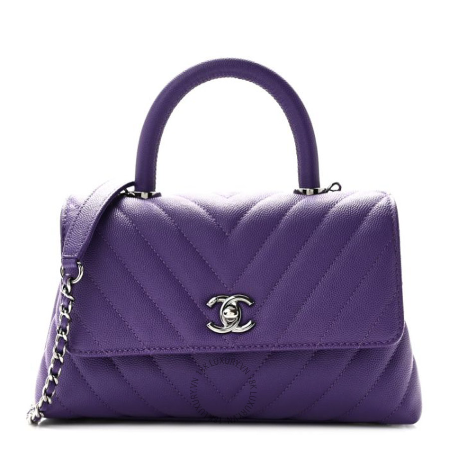 Túi xách đeo chéo Chanel Caviar Chevron Quilted Mini Coco Handle Flap Purple FPTC1105