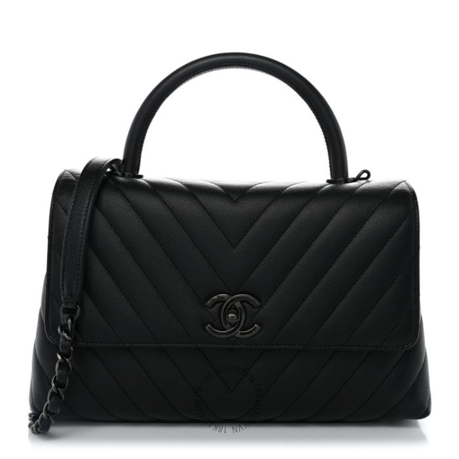 Túi Xách Đeo Chéo Chanel Caviar Chevron Quilted Small Coco Handle Flap So Black CVB801