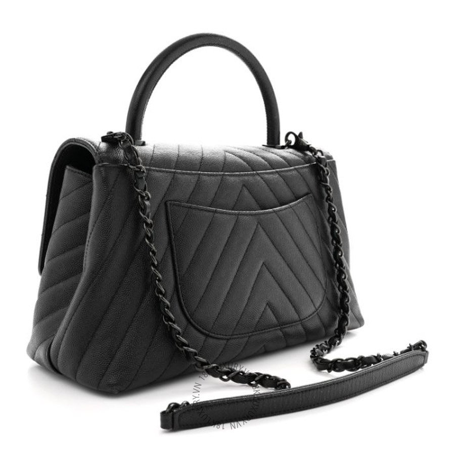 Túi Xách Đeo Chéo Chanel Caviar Chevron Quilted Small Coco Handle Flap So Black CVB840