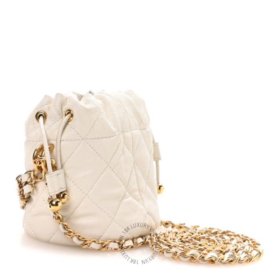 Túi xách đeo chéo Chanel Caviar Quilted Coco First Bucket Clutch With Chain White FPTC307