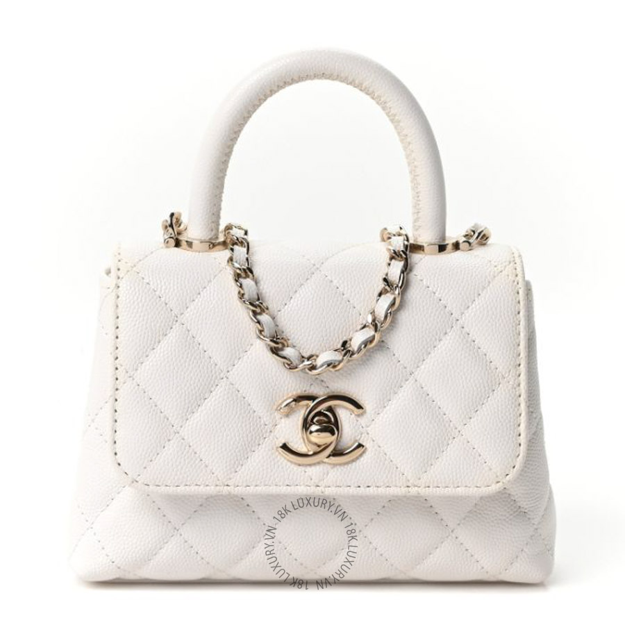 Túi xách đeo chéo Chanel Caviar Quilted Coco Handle Clutch With Chain White FPTC818