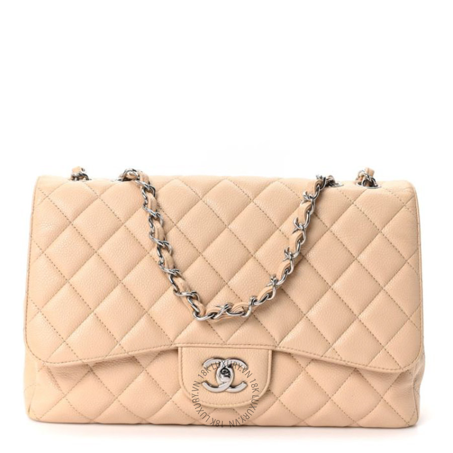 Túi Xách Đeo Chéo Chanel Caviar Quilted Jumbo Single Flap Beige Clair CVB726