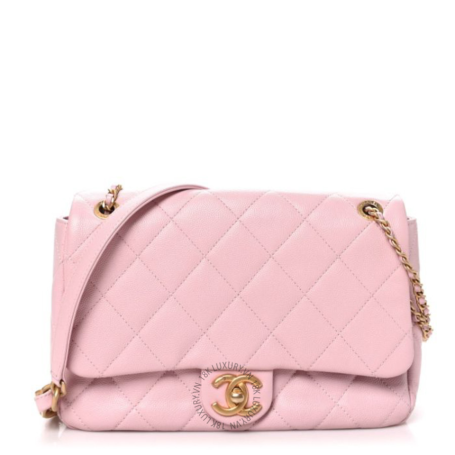 Túi xách đeo chéo Chanel Caviar Quilted Medium Chain Flap Light Pink FPTC645