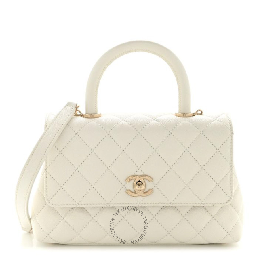 Túi Xách Đeo Chéo Chanel Caviar Quilted Mini Coco Handle Flap White CVB889