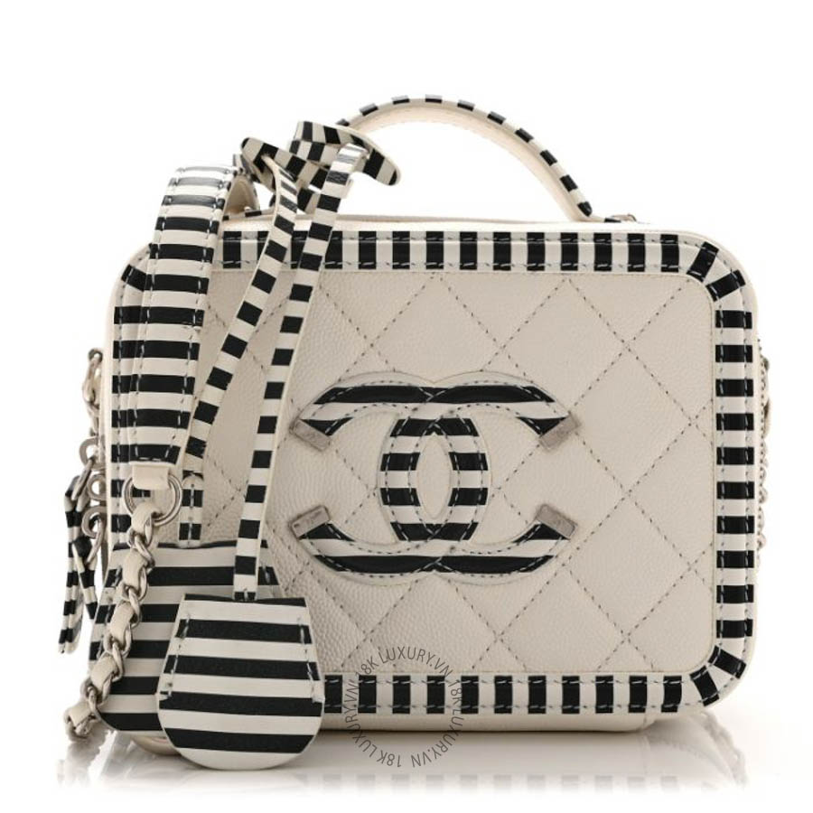 Túi xách đeo chéo Chanel Caviar Quilted Striped Small CC Filigree Vanity Case White Black FPTC221