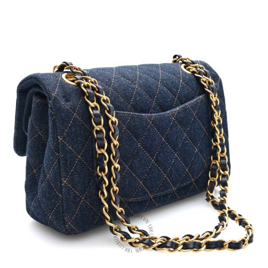 Túi xách đeo chéo Chanel Denim Quilted Small Double Flap Dark Blue Orange FPTC716