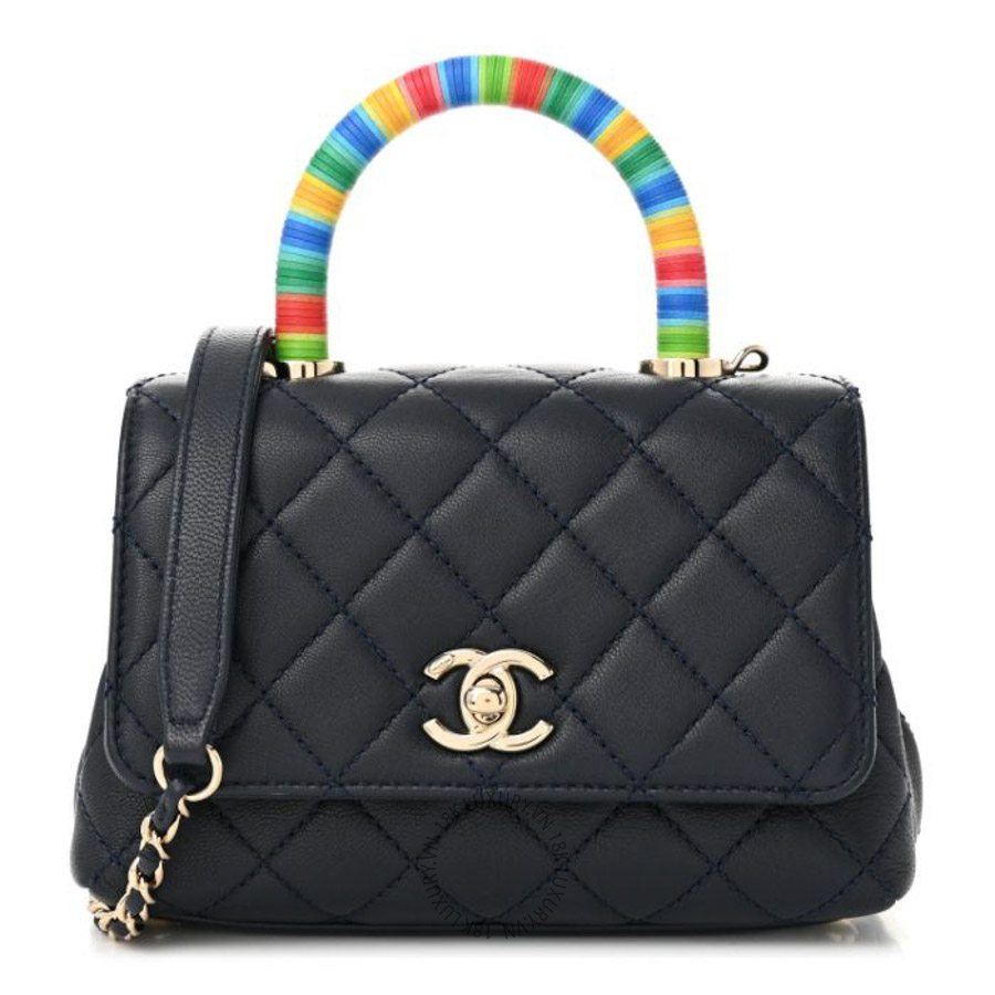 Túi xách đeo chéo Chanel Goatskin Quilted Extra Mini Rainbow Coco Handle Flap Navy Blue FPTC890