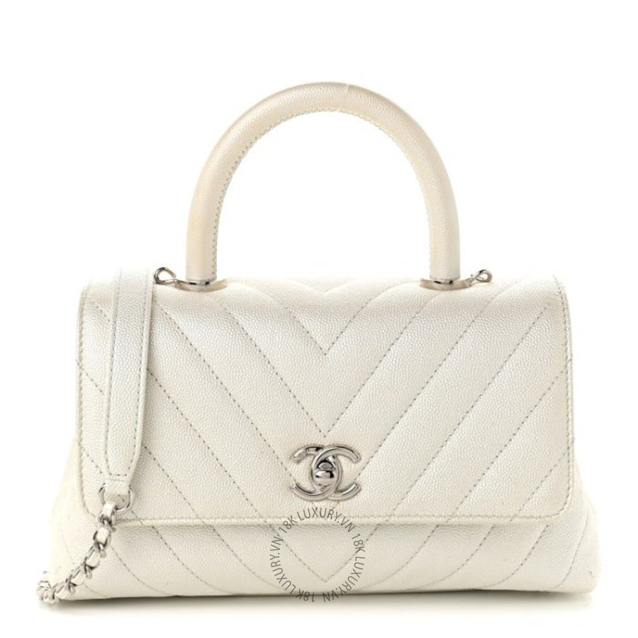 Túi xách đeo chéo Chanel Iridescent Caviar Chevron Quilted Mini Coco Handle Flap White FPTC100
