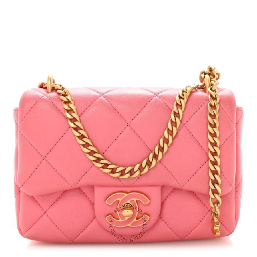 Túi Xách Đeo Chéo Chanel Lambskin Enamel Quilted Pending CC Mini Square Flap Pink CVB110