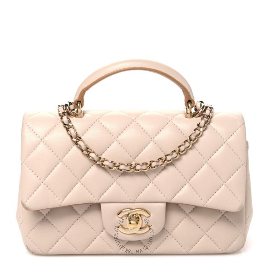 Túi xách đeo chéo Chanel Lambskin Quilted Bi-Color Mini Top Handle Rectangular Flap Ecru Dark Beige FPTC417