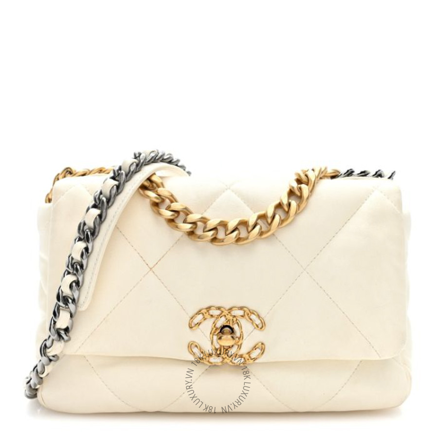 Túi Xách Đeo Chéo Chanel Lambskin Quilted Medium Chanel 19 Flap White White CVB961