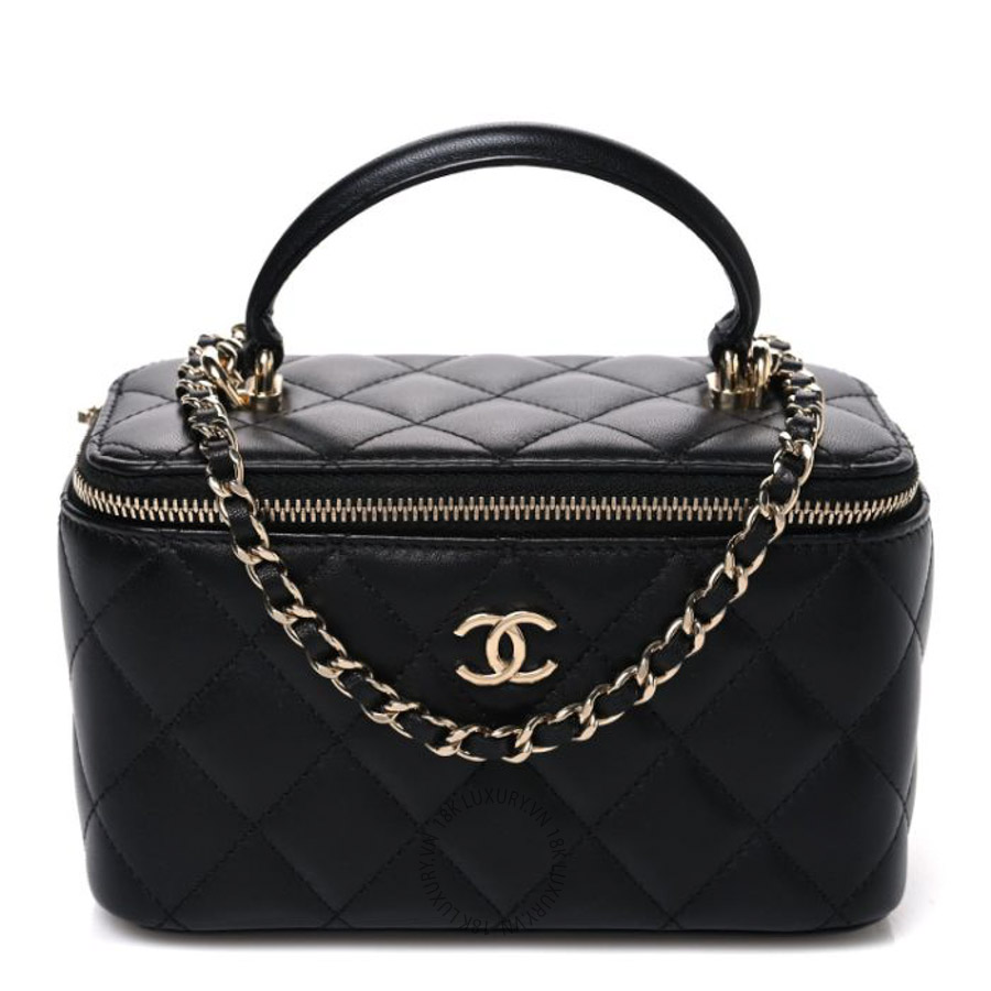 Túi xách đeo chéo Chanel Lambskin Quilted Small Top Handle Vanity Case With Chain Black FPTC135