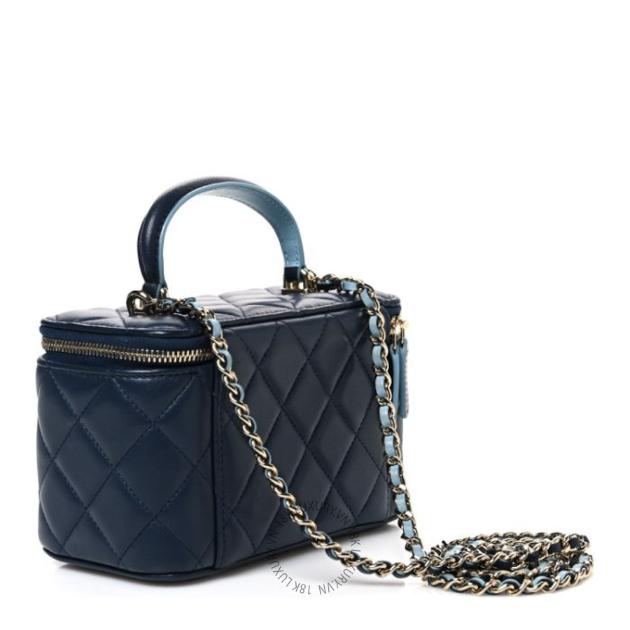 Túi xách đeo chéo Chanel Lambskin Quilted Small Top Handle Vanity Case With Chain Dark Blue Light Blue FPTC158
