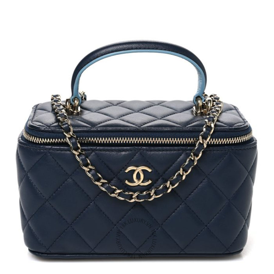 Túi xách đeo chéo Chanel Lambskin Quilted Small Top Handle Vanity Case With Chain Dark Blue Light Blue FPTC158