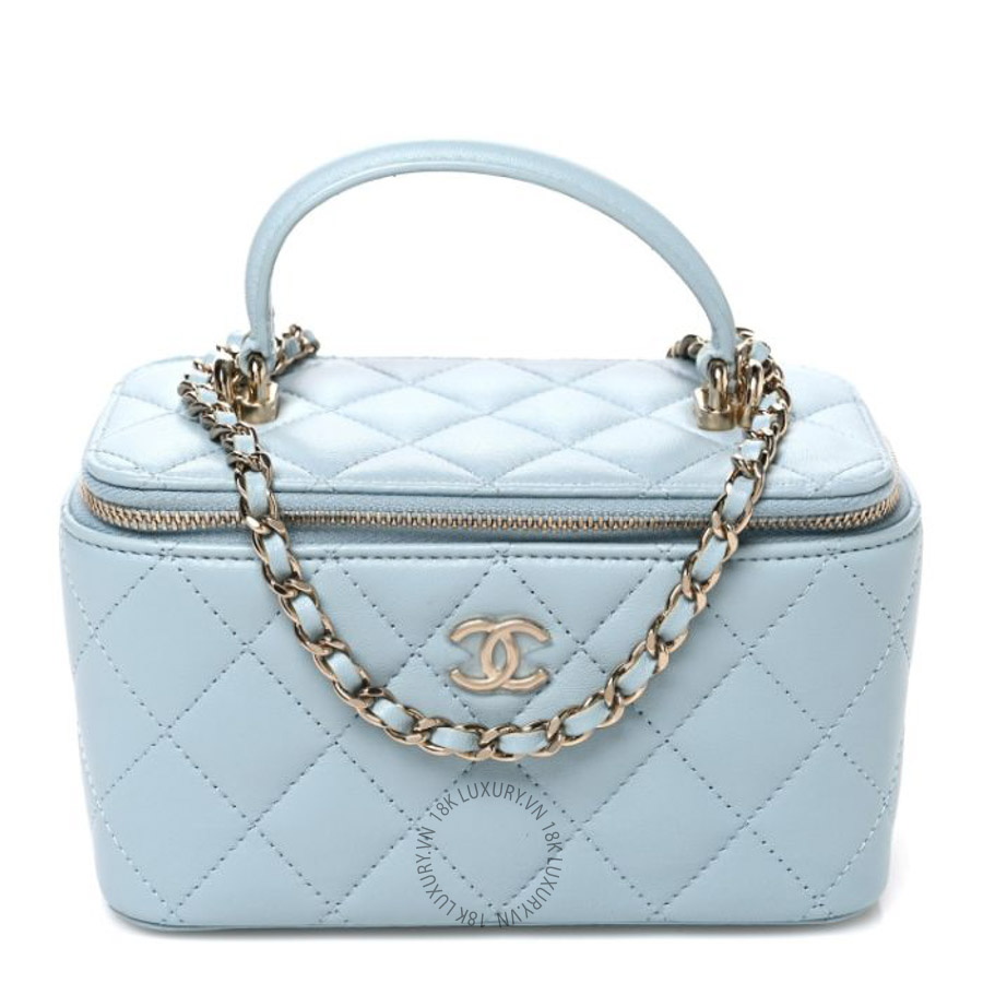 Túi xách đeo chéo Chanel Lambskin Quilted Small Top Handle Vanity Case With Chain Light Blue FPTC125