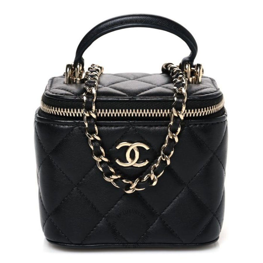 Túi xách đeo chéo Chanel Lambskin Quilted Top Handle Mini Vanity Case With Chain Black FPTC194