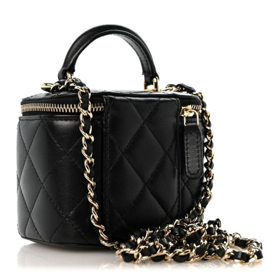 Túi xách đeo chéo Chanel Lambskin Quilted Top Handle Mini Vanity Case With Chain Black FPTC914
