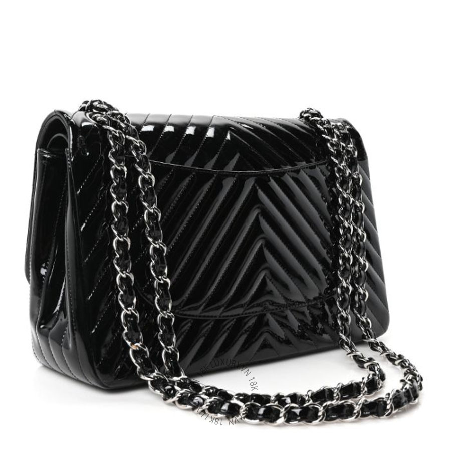 Túi Xách Đeo Chéo Chanel Patent Chevron Quilted Jumbo Double Flap Black CVB291