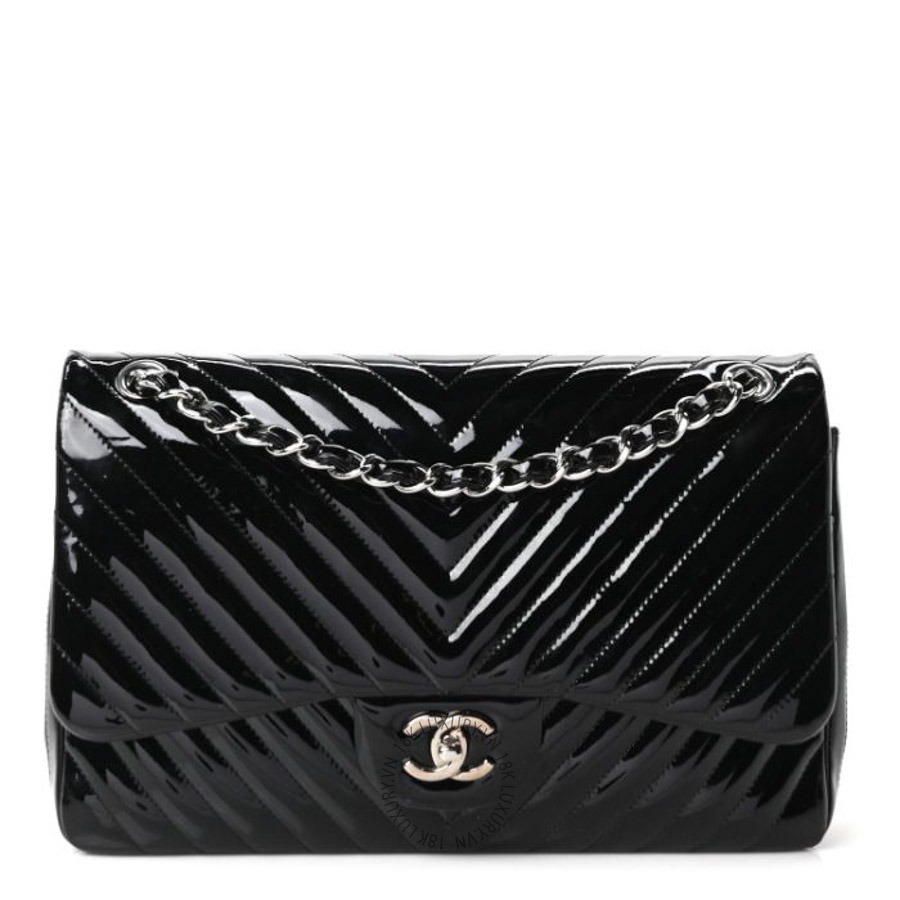 Túi Xách Đeo Chéo Chanel Patent Chevron Quilted Jumbo Double Flap Black CVB291