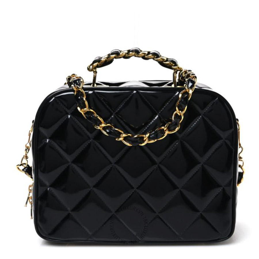 Túi Xách Đeo Chéo Chanel Patent Quilted Top Handle Lunch Box Carryall Shoulder Bag Black CVB1085