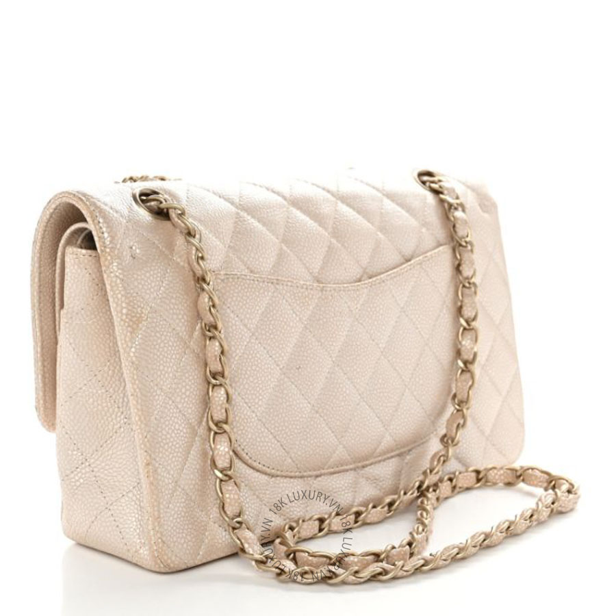 Túi Xách Đeo Chéo Chanel Pearly Caviar Quilted Medium Double Flap Light Beige CVB021