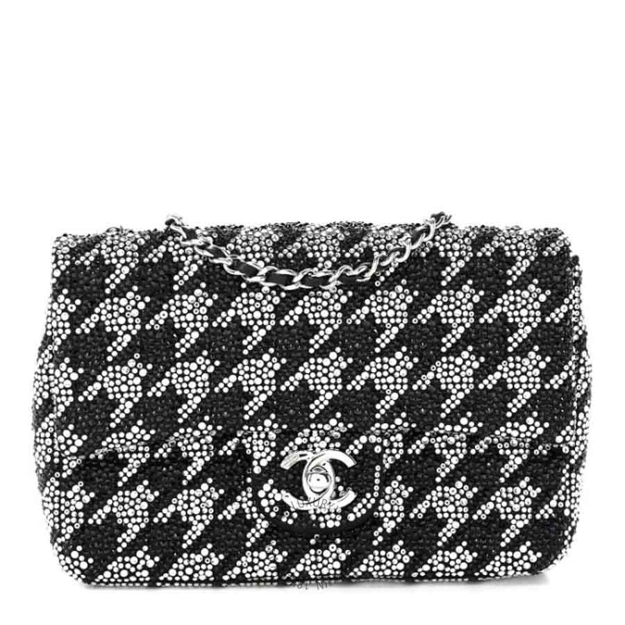 Túi Xách Đeo Chéo Chanel Satin Crystal Diamante Houndstooth Small Flap Black CVB888