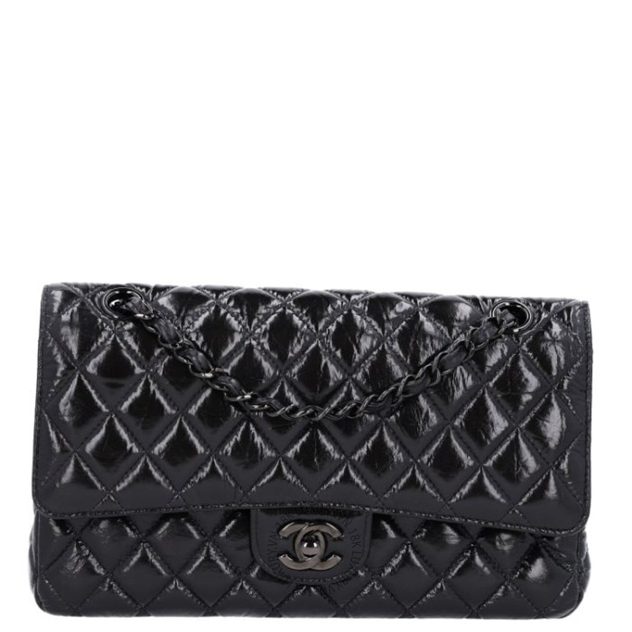 Túi Xách Đeo Chéo Chanel Shiny Crumpled Calfskin Quilted Medium Double Flap So Black CVB695