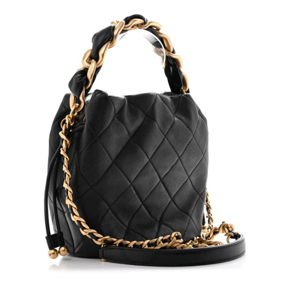 Túi xách đeo chéo Chanel Shiny Lambskin Quilted Chain Is More Drawstring Bag Black FPTC025