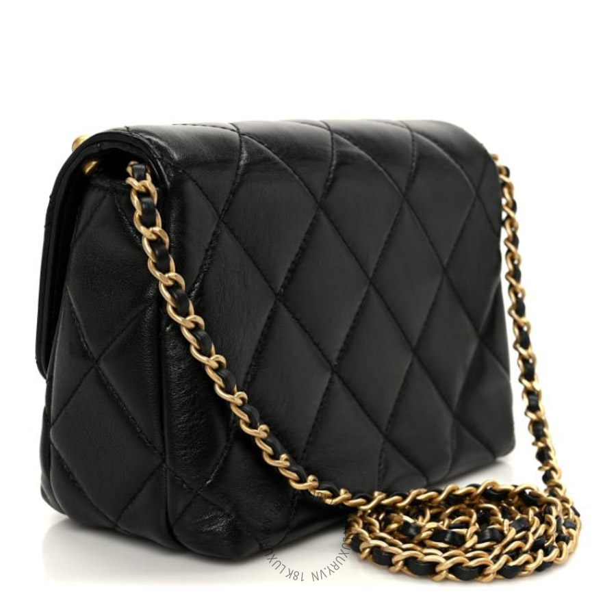 Túi xách đeo chéo Chanel Shiny Lambskin Quilted Mini Pearl Logo Flap Black FPTC767