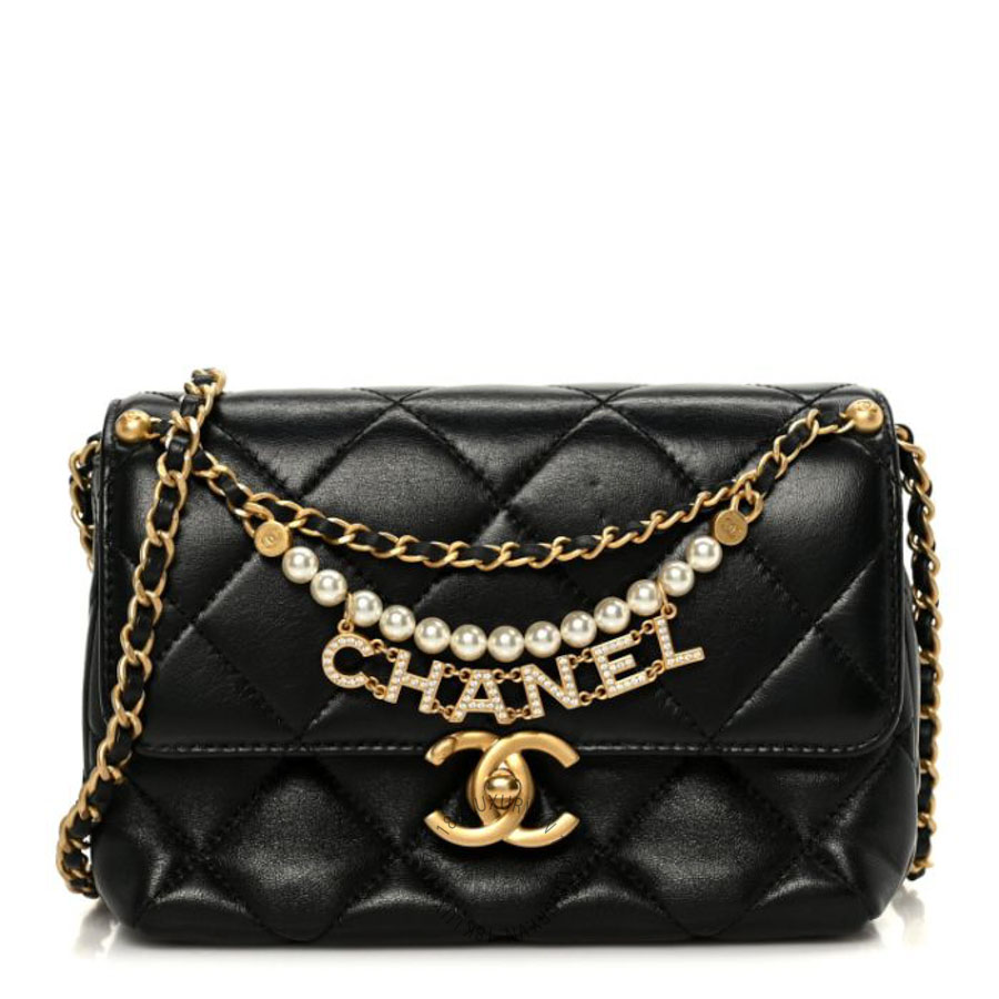 Túi xách đeo chéo Chanel Shiny Lambskin Quilted Mini Pearl Logo Flap Black FPTC767