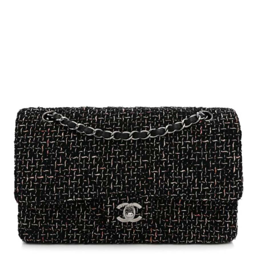 Túi Xách Đeo Chéo Chanel Tweed Quilted Medium Double Flap Black CVB359