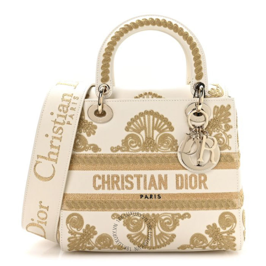 Túi Xách Đeo Chéo Christian Dior Calfskin Embroidered Medium Lady D-Lite White Gold SPSS090