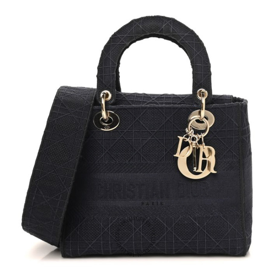 Túi Xách Đeo Chéo Christian Dior Canvas Embroidered Cannage Medium Lady D-Lite Navy SPSS204