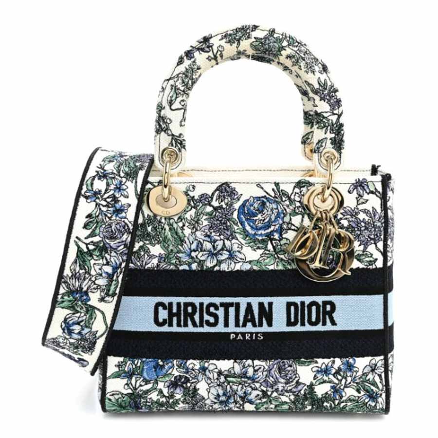 Túi xách đeo chéo Christian Dior Canvas Embroidered Chardons Toile De Jouy Medium Lady D-Lite Blue Multicolor DIO011