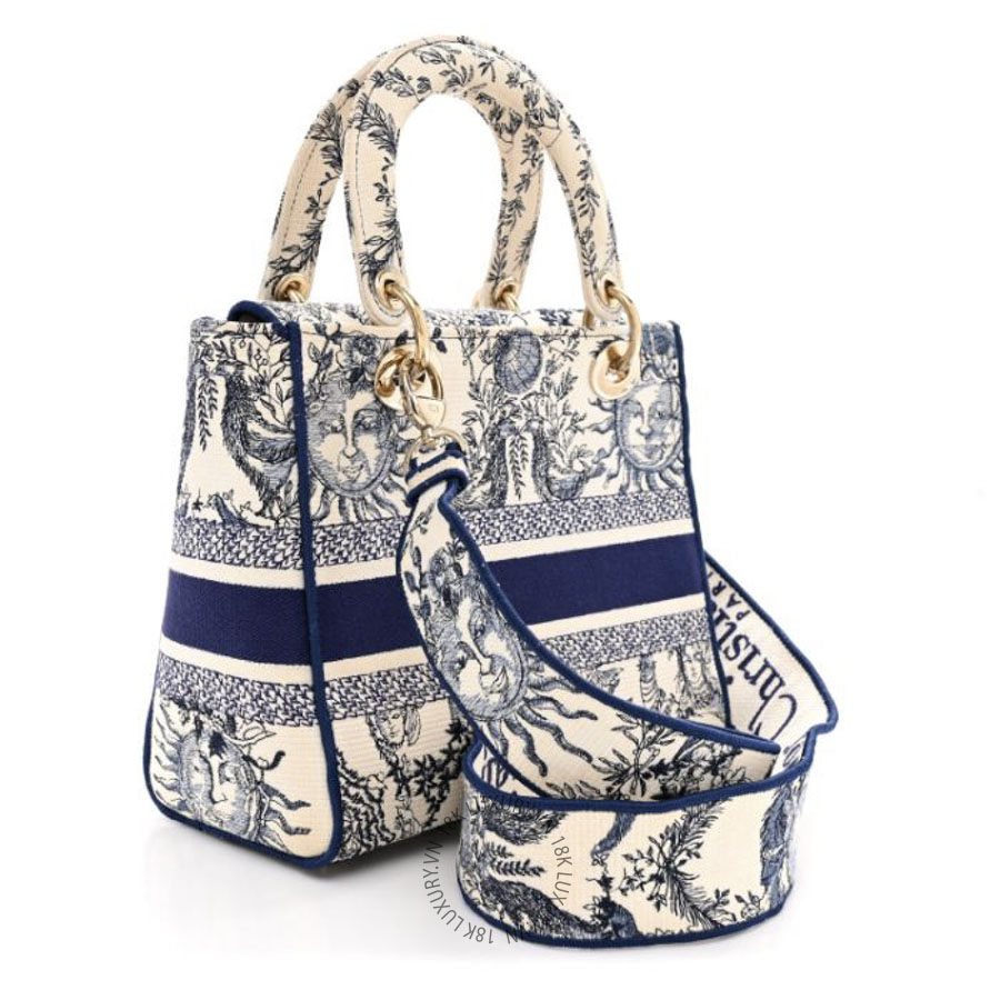 Túi Xách Đeo Chéo Christian Dior Canvas Embroidered Toile De Jouy Soleil Medium Lady D-Lite Blue SPSS084