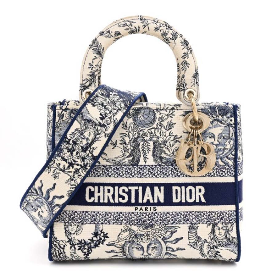 Túi Xách Đeo Chéo Christian Dior Canvas Embroidered Toile De Jouy Soleil Medium Lady D-Lite Blue SPSS084