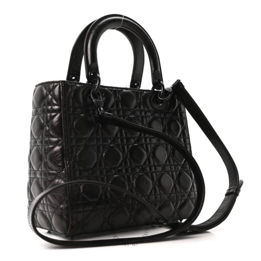 Túi xách đeo chéo Christian Dior Crinkled Calfskin Cannage Medium Lady Dior Black DIO078