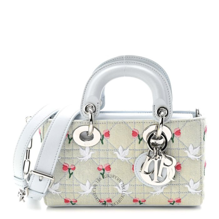 Túi Xách Đeo Chéo Christian Dior Denim Cannage Embroidered Doves & Roses Dioramour Mini Lady D-Joy Blue Multicolor SPSS201