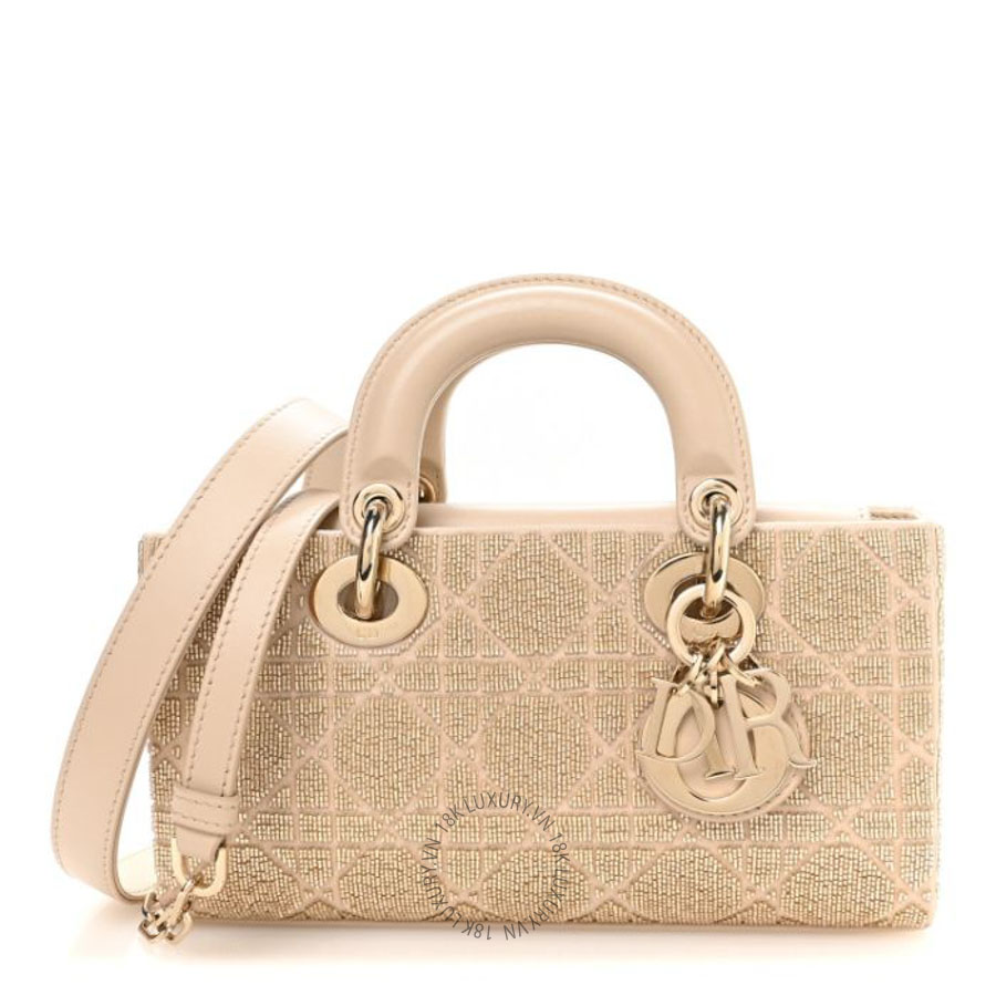 Túi xách đeo chéo Christian Dior Lambskin Cannage Beaded Embroidered Micro Lady D-Joy Beige FPTD223