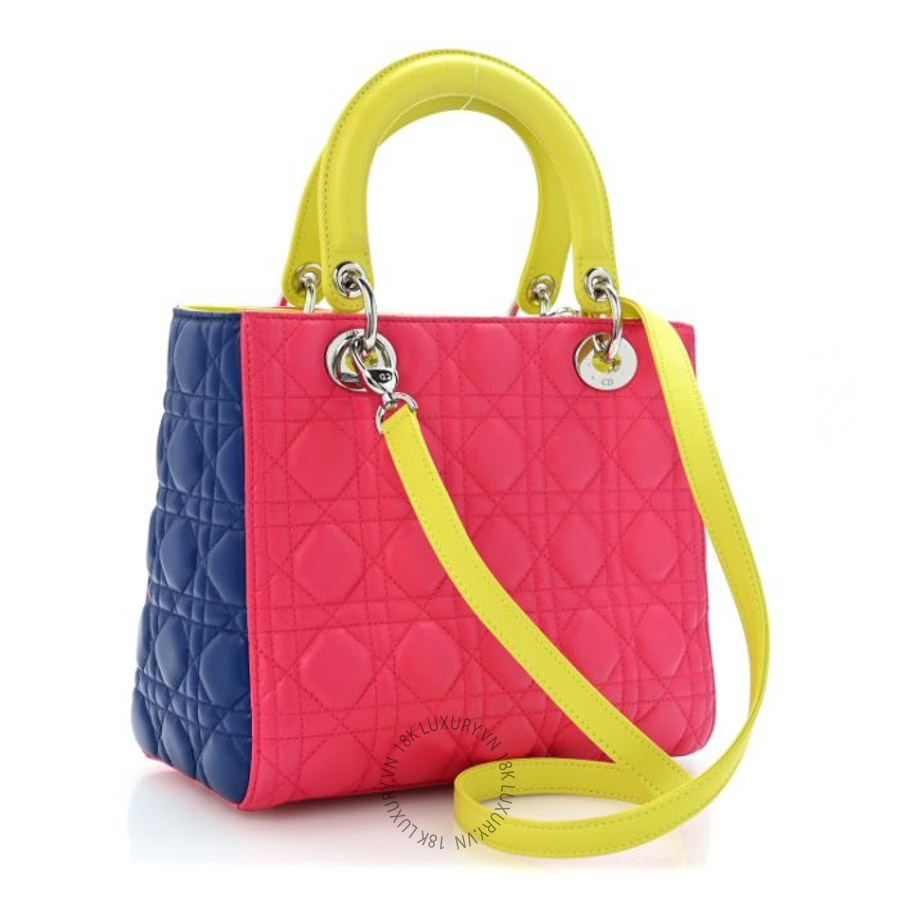 Túi xách đeo chéo Christian Dior Lambskin Cannage Medium Tri-Color Lady Dior Pink Blue Yellow DIO244