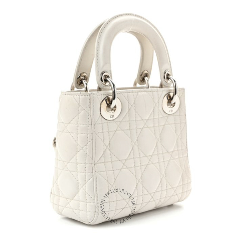 Túi Xách Đeo Chéo Christian Dior Lambskin Cannage Mini Lady Dior White SPSS237
