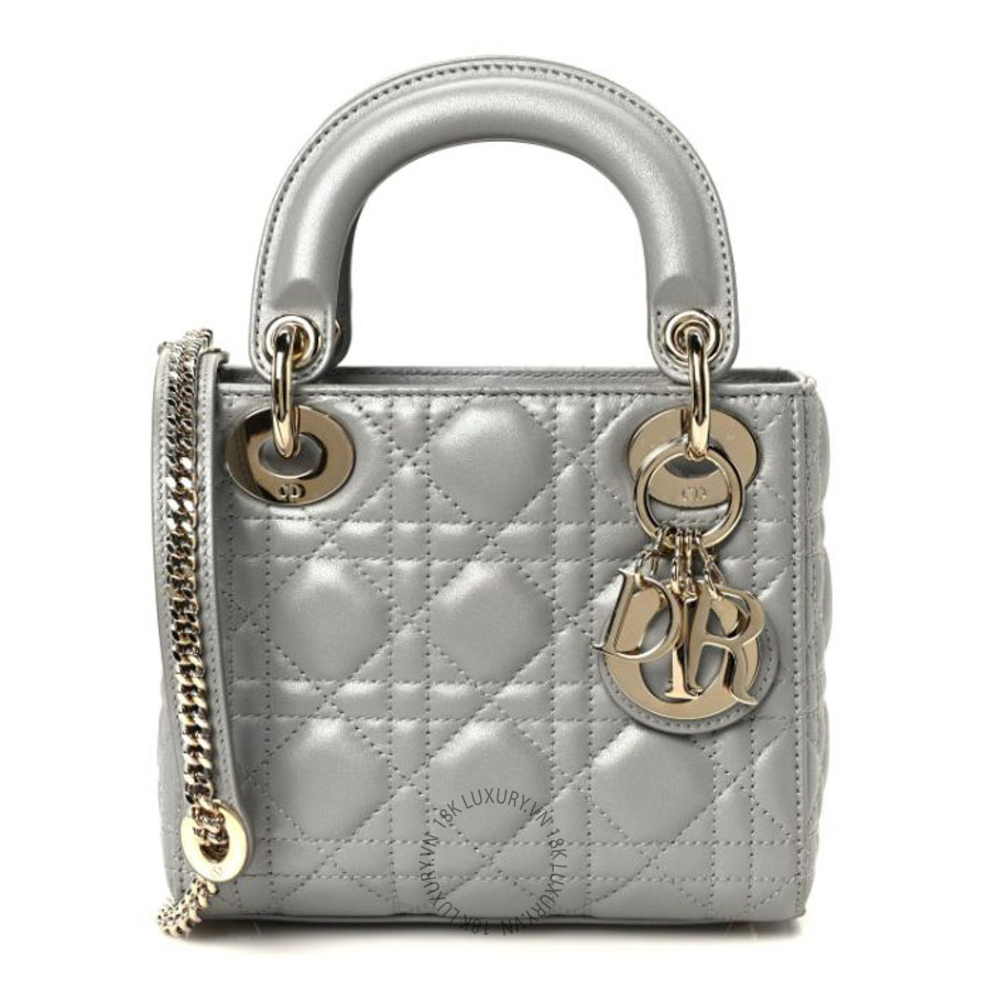 Túi xách đeo chéo Christian Dior Metallic Lambskin Cannage Mini Lady Dior Grey DIO233