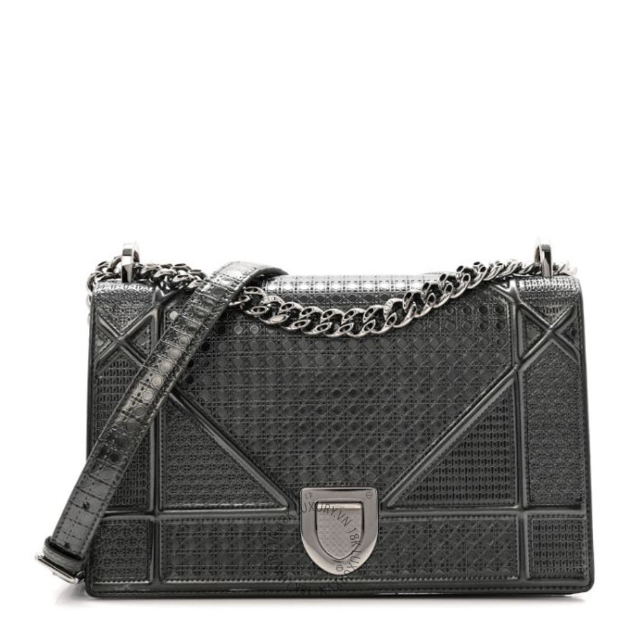Túi xách đeo chéo Christian Dior Metallic Patent Micro-Cannage Medium Diorama Flap Bag Onyx Black FPTD239