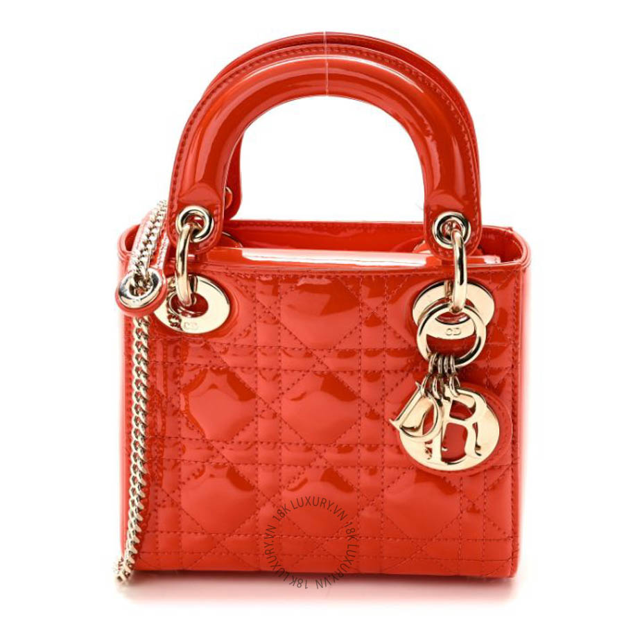Túi xách đeo chéo Christian Dior Patent Cannage Mini Lady Dior Orange DIO265