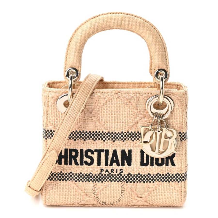 Túi xách đeo chéo Christian Dior Raffia Woven Cannage Embroidered Mini Lady D-Lite Natural Black DIO205