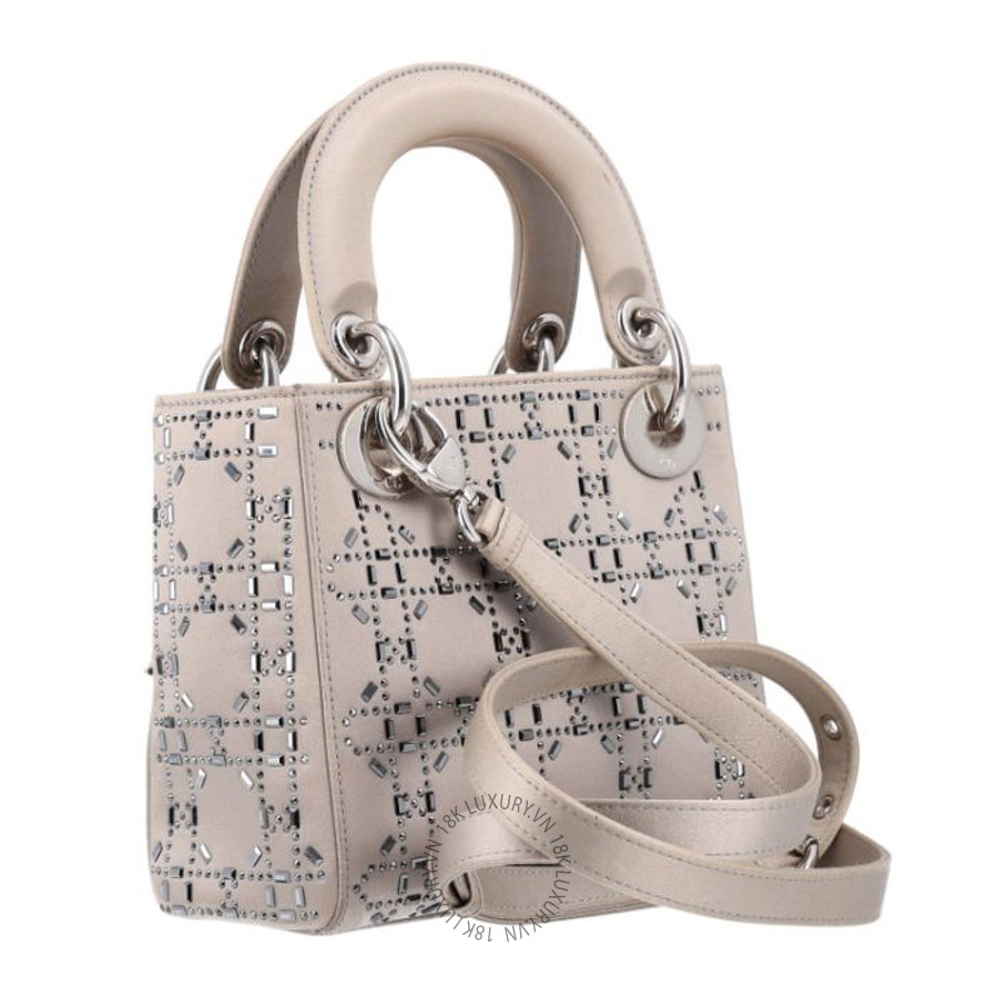 Túi xách đeo chéo Christian Dior Satin Crystal Cannage Mini Lady Dior Gray DIO003