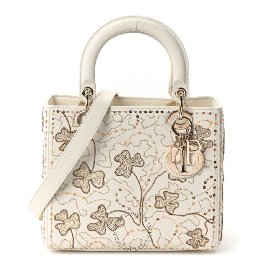 Túi xách đeo chéo Christian Dior Smooth Calfskin Sequin Embroidered Clover Medium Lady Dior White FPTD281