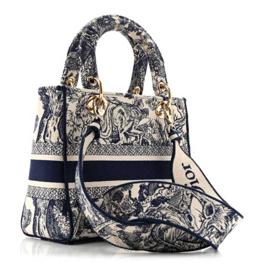 Túi xách đeo chéo Christian Dior Toile de Jouy Embroidered Medium Lady D-Lite Blue FPTD244